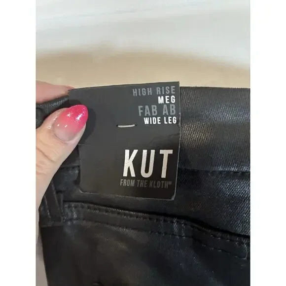 Kut from Kloth Meg High Rise Fab Ab Wide Leg Pant 90s sz 12 Petite Faux Leather - Picture 3 of 9